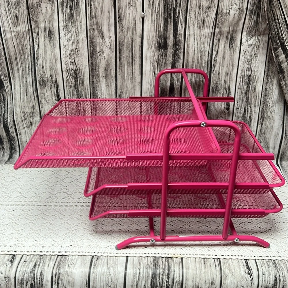 Pink and Gray Mesh Desk Organizer 2 piece set. Organization for papers,pens etc.